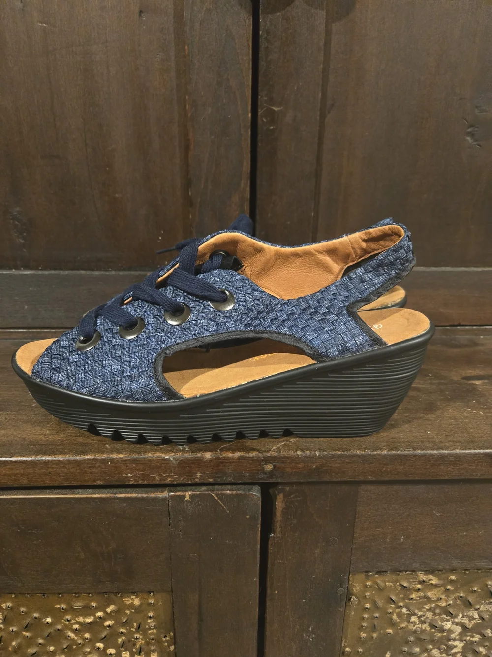 Bernie Mev. Navy Blue Woven Lace-Up Open-Toe Wedge Sandals